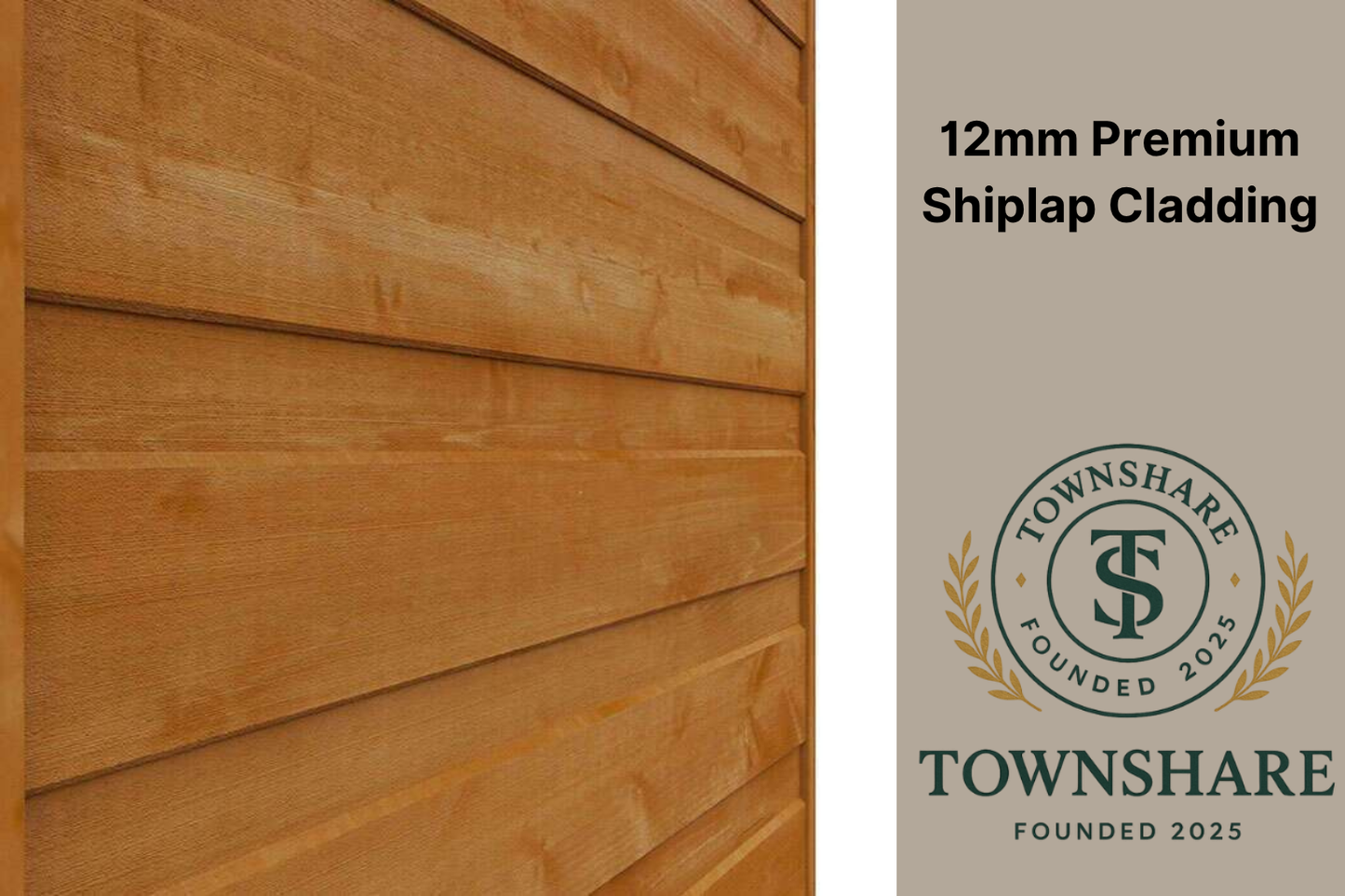 Wooden shiplap cladding with Townshare logo and text on a beige background