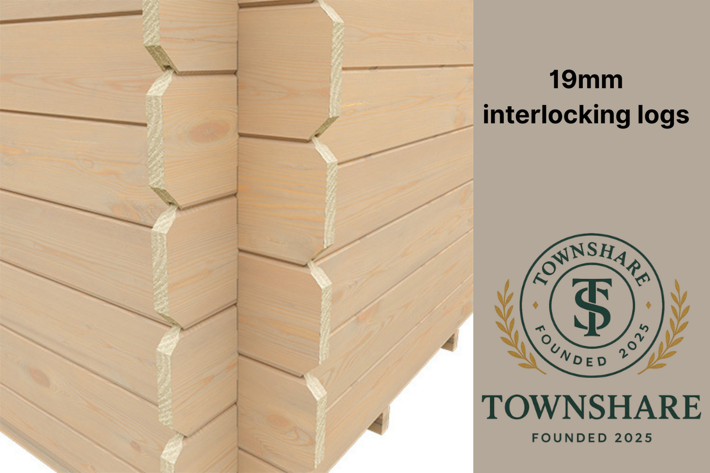 Stack of interlocking wooden logs with Townshare branding on a beige background