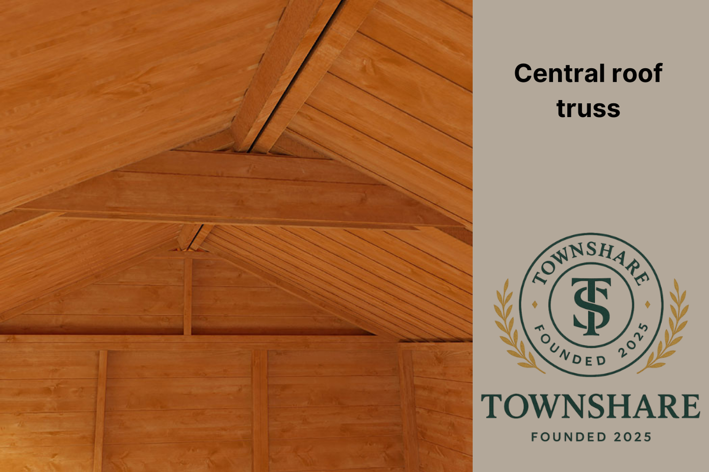 Wooden roof truss with Townshare logo and text on a beige background
