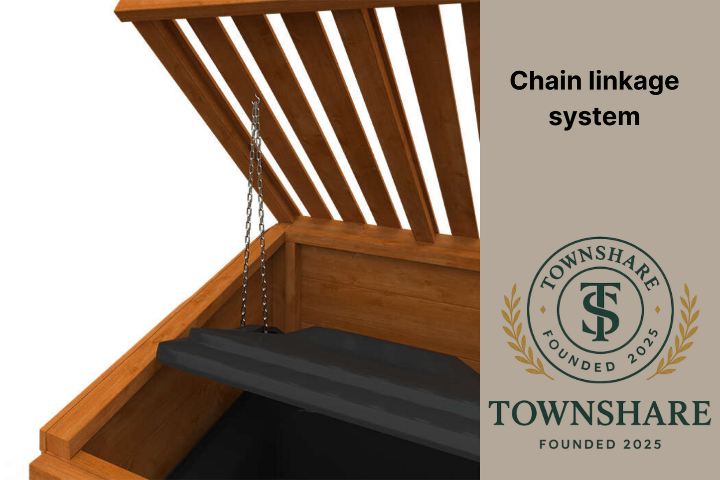 Wooden swing with chain linkage system on a white background, Townshare logo visible.