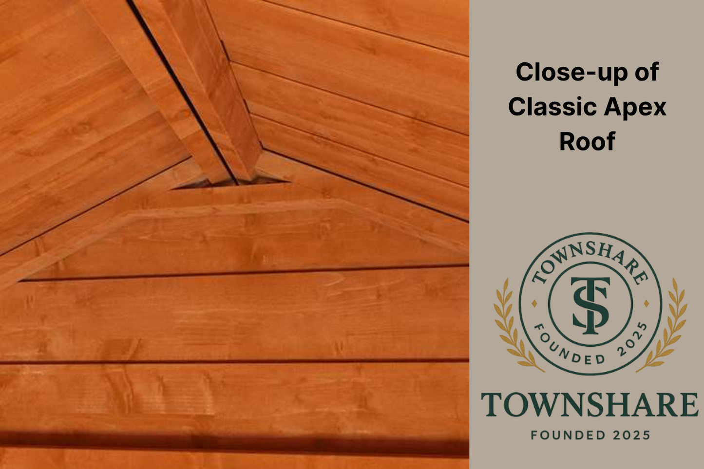 Close-up of a classic apex roof with Townshare logo and text.