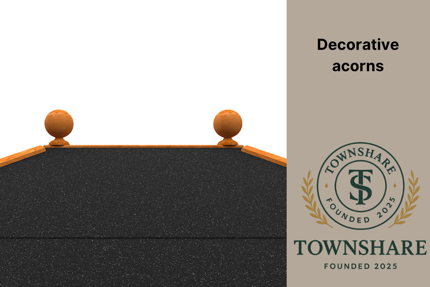 Decorative acorn on a black surface with Townshare branding on a beige background.