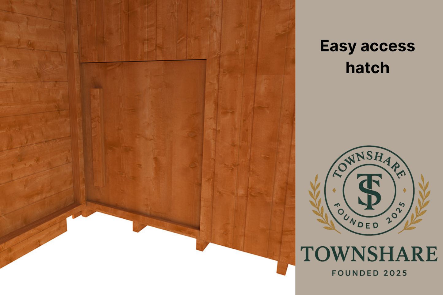 Homestead wooden pet shelter with easy access hatch and Townshare logo