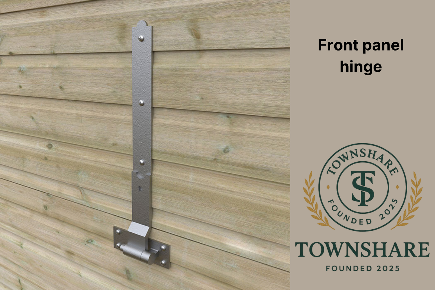 Townshare metal front panel hinge on a wooden background with company logo