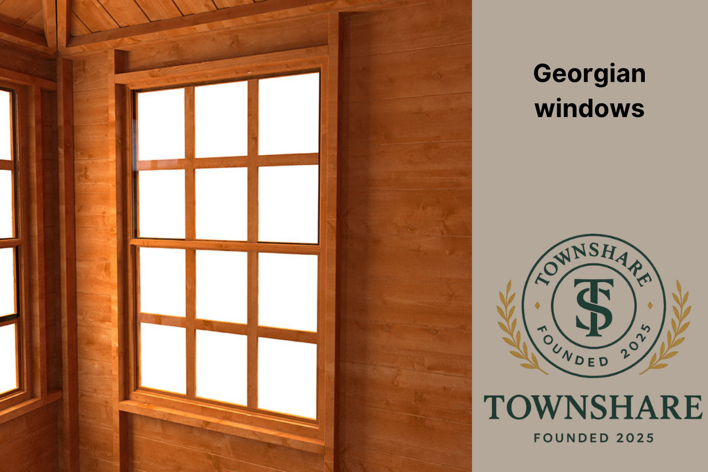 Wooden window with Georgian design in a room, Townshare logo visible
