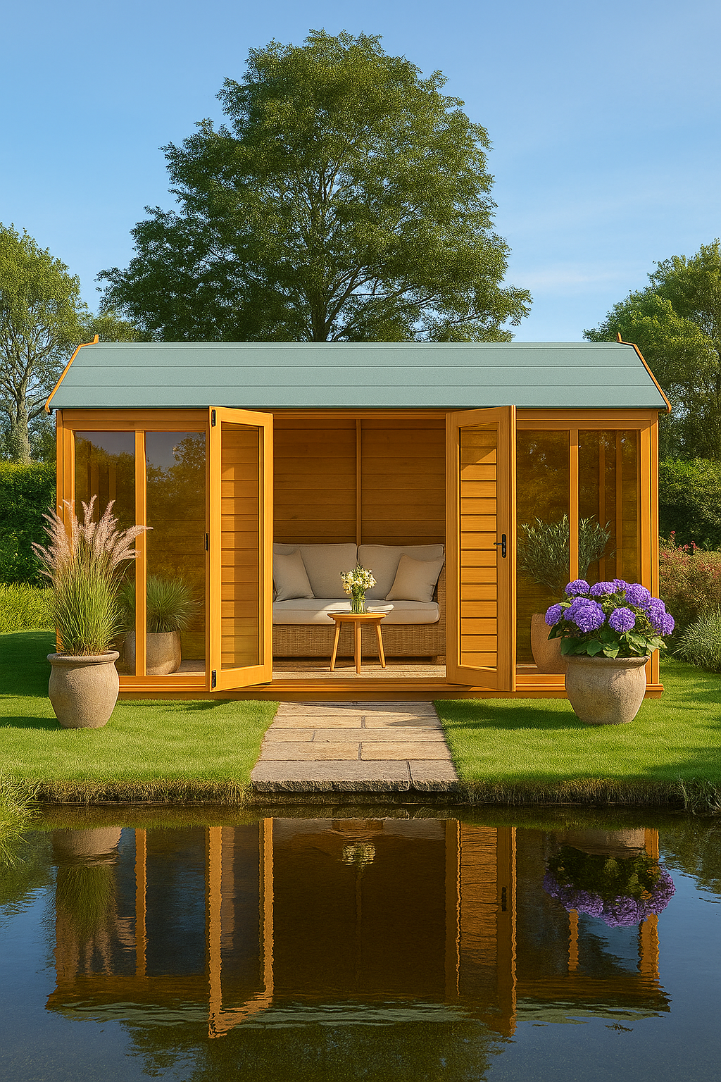 Hayloft Retreat wooden garden building with barn-style roof, full-pane doors, and tall windows water side view