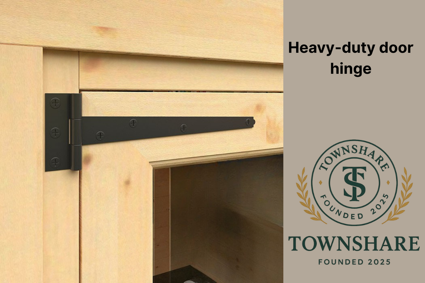 Heavy-duty door hinge on a wooden door with Townshare logo.