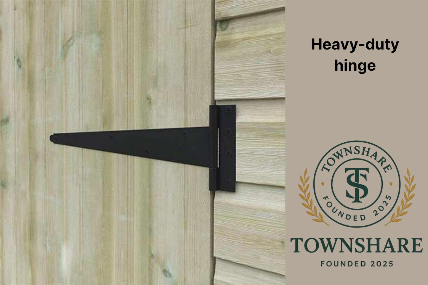 Heavy-duty hinge on a wooden door with Townshare logo