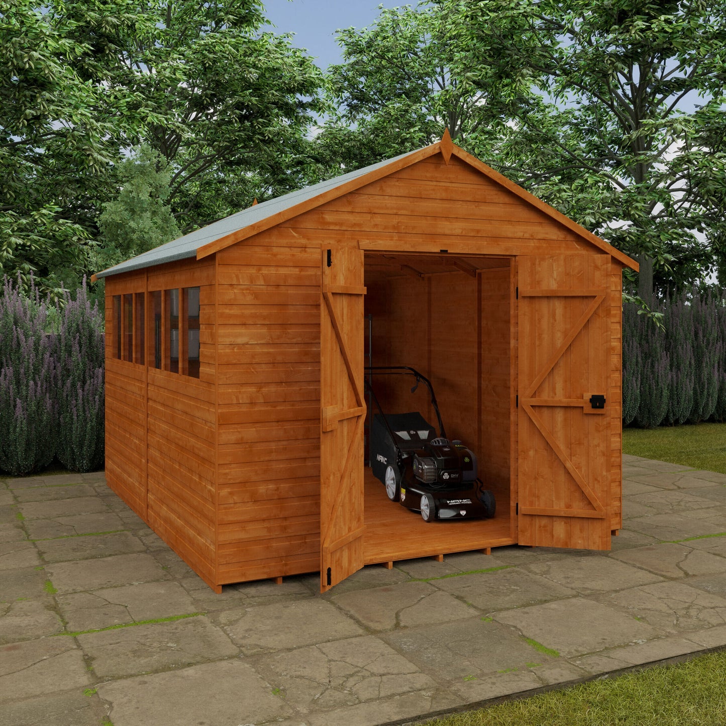 Workstead XL wooden garden workshop with pent roof and open double doors showing lawn mower inside, surrounded by greenery