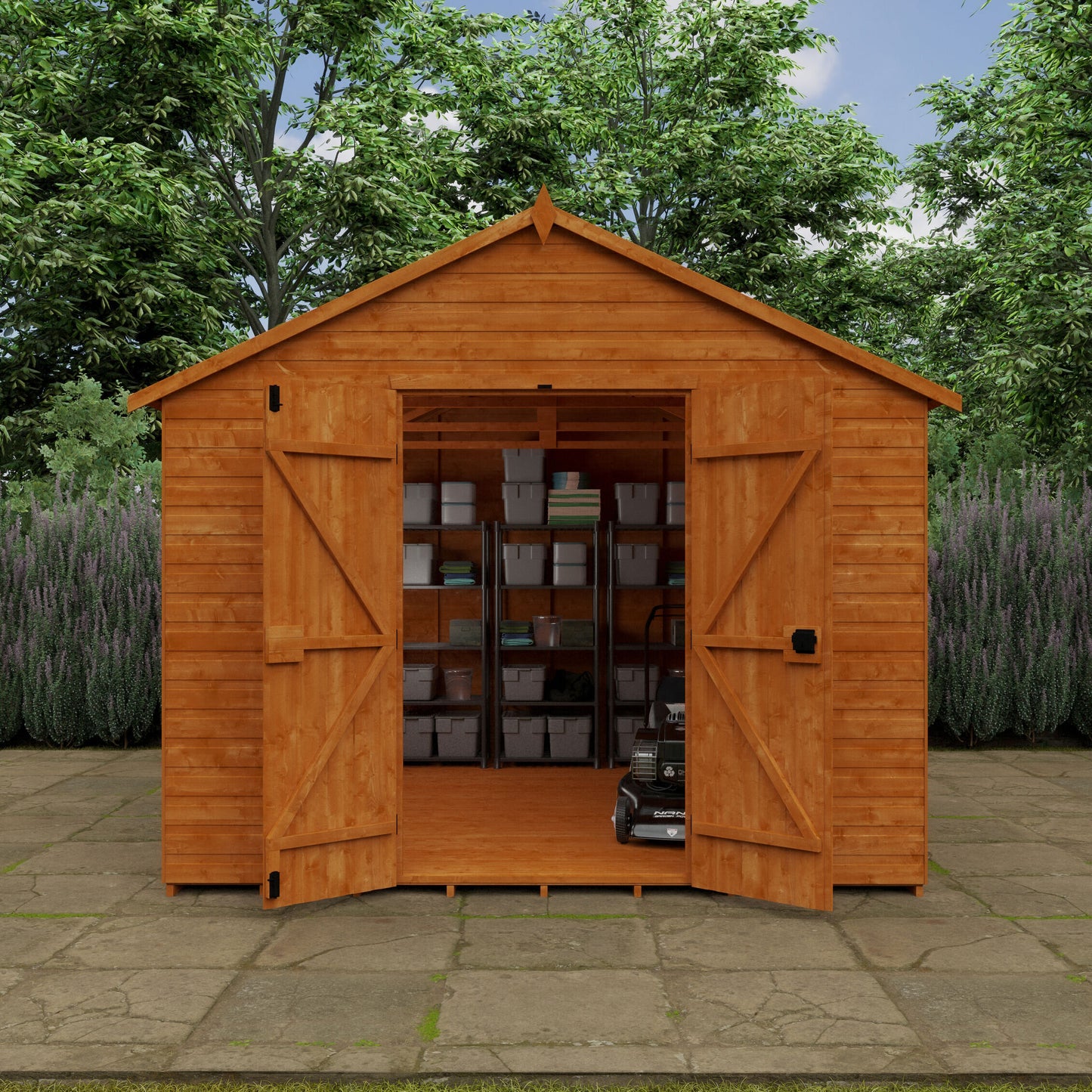 Workstead XL wooden garden workshop with pent roof and open double doors showing lawn mower inside, surrounded by greenery