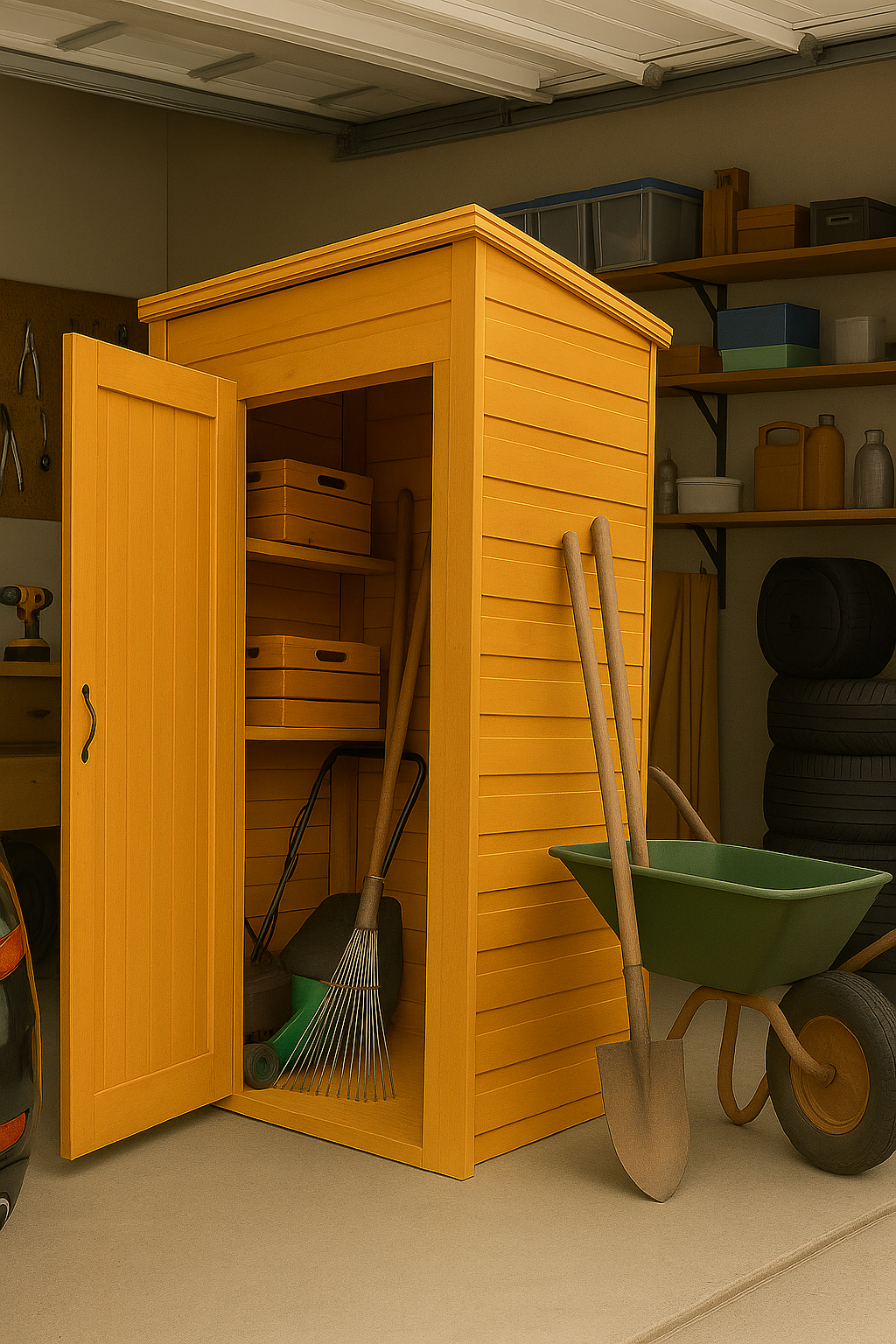 Highgate wooden garden tool room with shiplap tongue-and-groove cladding, black felt roof, tools, and wheelbarrow indoors
