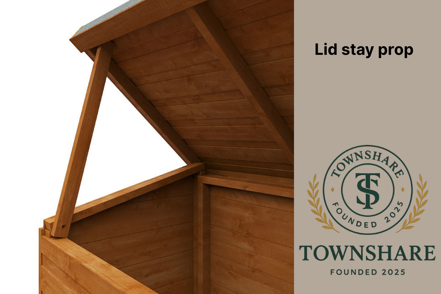 Wooden storage shed with open lid showing 'Townshare' logo on a beige background