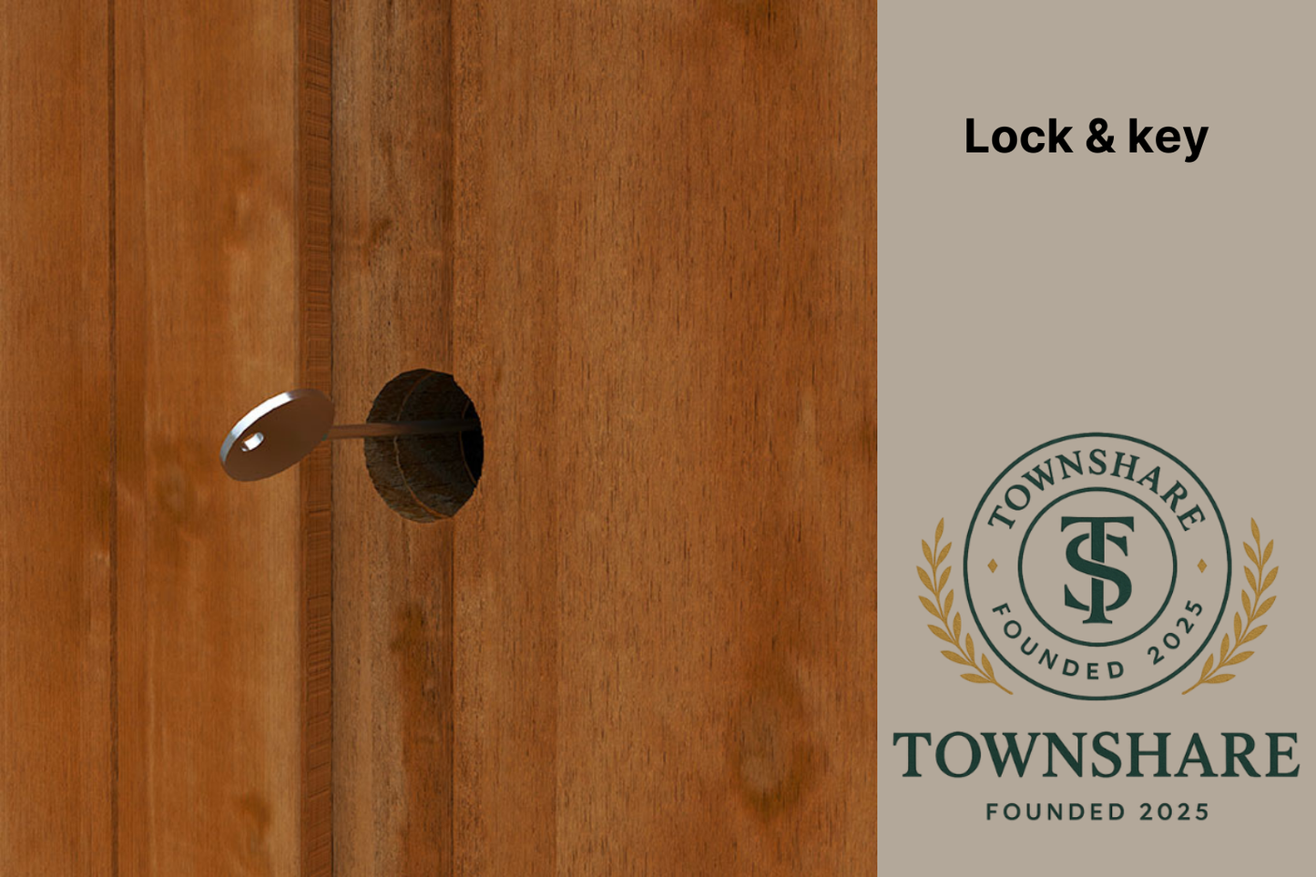 Wooden door with a lock and key, Townshare logo on the right