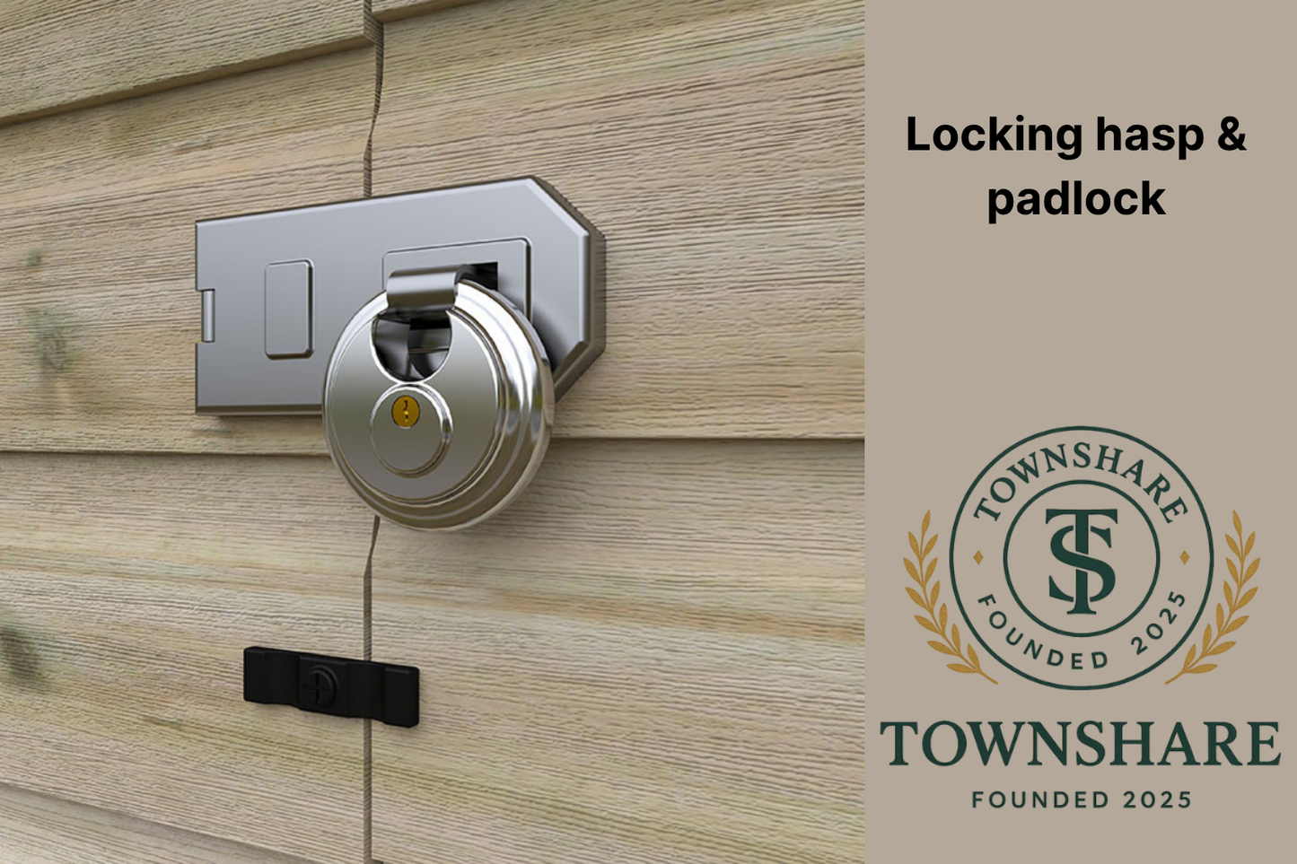 Townshare locking hasp and padlock on wooden surface with company logo and text