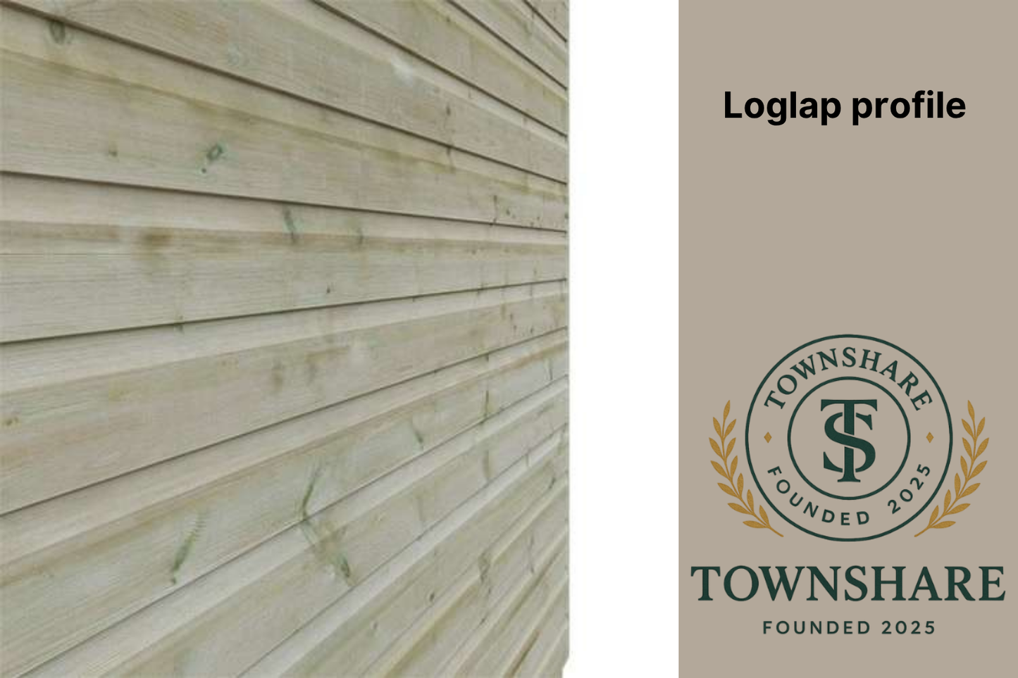 Townshare wooden panel with loglap profile and company logo on beige background