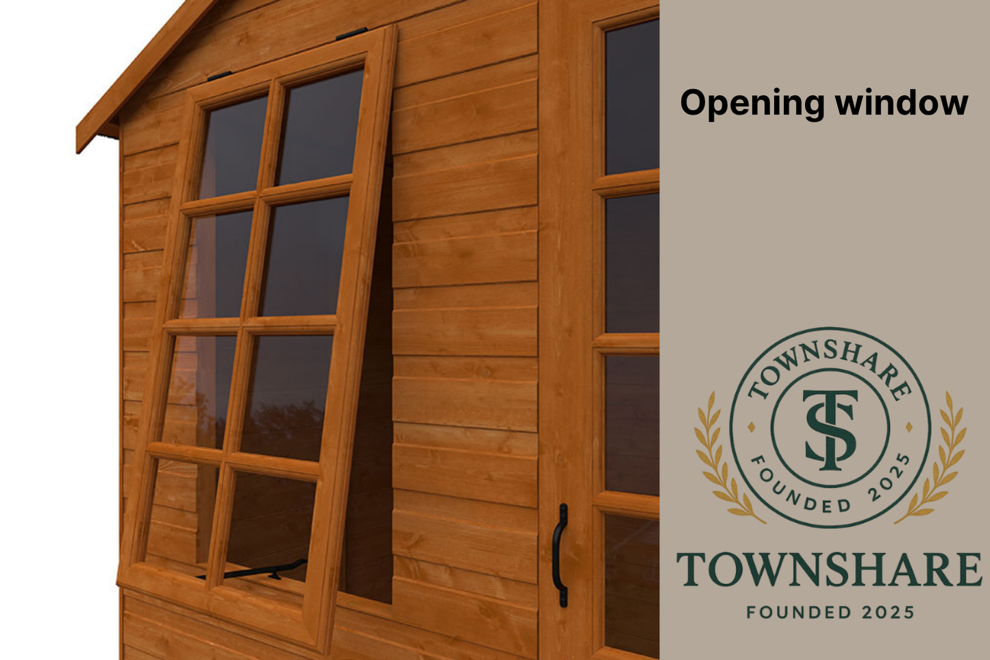 Wooden shed with an opening window and Townshare logo.
