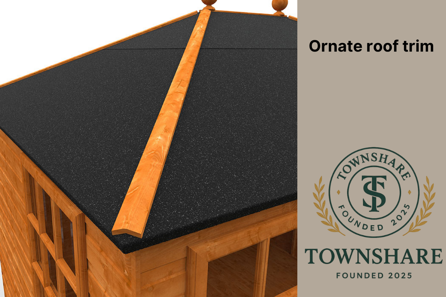 Ornate roof trim on a wooden structure with Townshare logo.