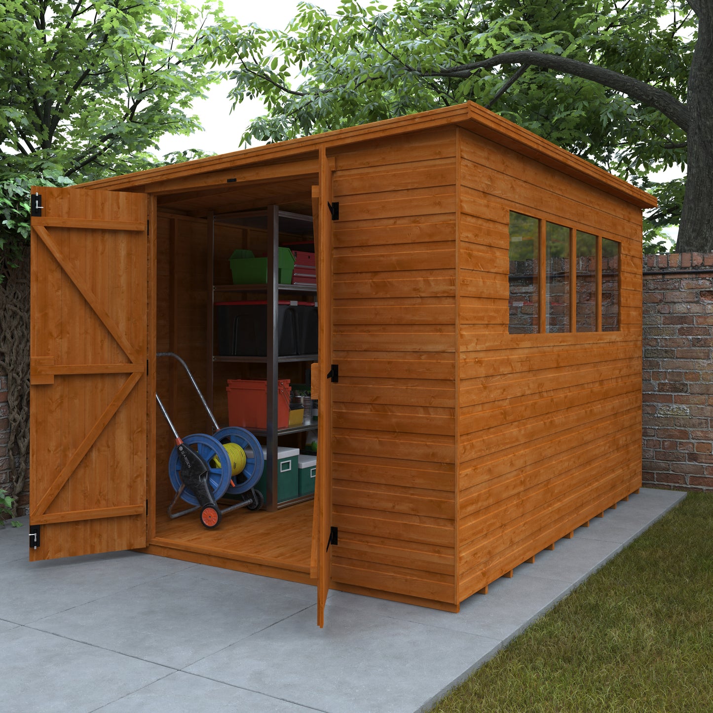 Foundry Studio wooden garden workshop with pent roof, open double doors openshowing shelves and items, surrounded by greenery and brick wall