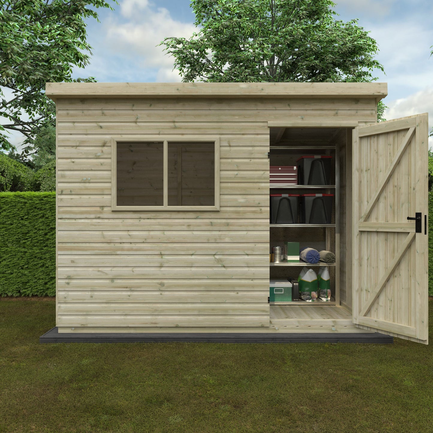 Summit wooden pent shed with tongue-and-groove cladding, tools on grassy area