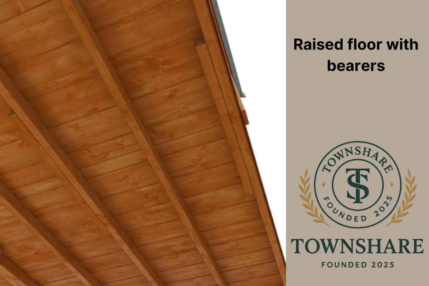 Wooden raised floor with bearers and Townshare logo on a white background