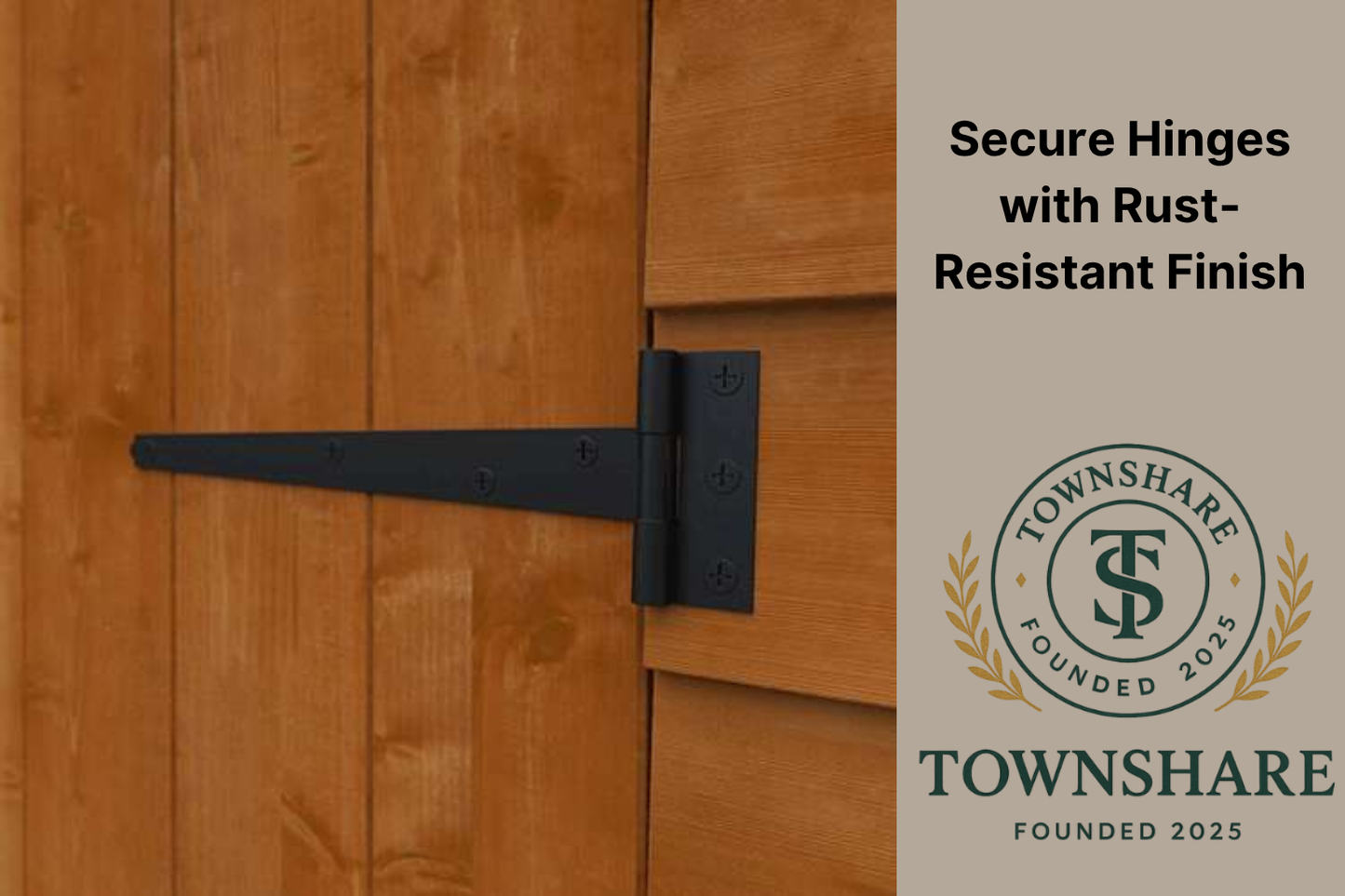 Wooden door with black hinge and Townshare logo on a beige background