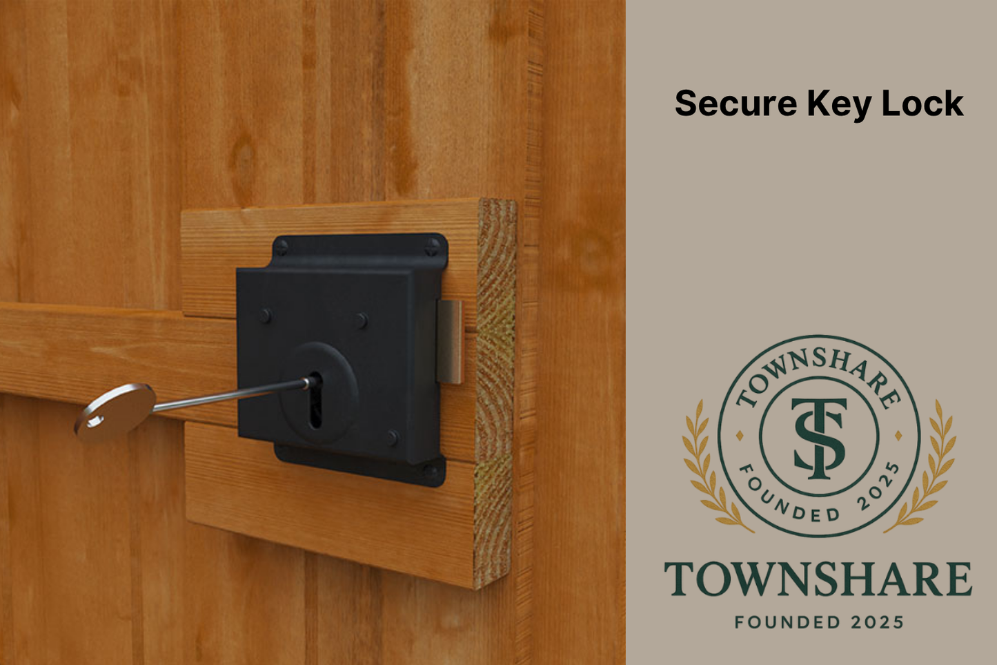 Black key lock on a wooden door with Townshare logo and text.