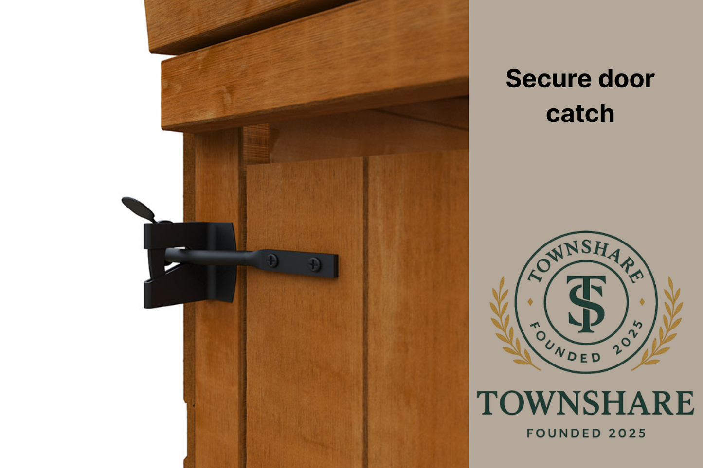 Wooden door with a secure door catch and Townshare logo on a beige background