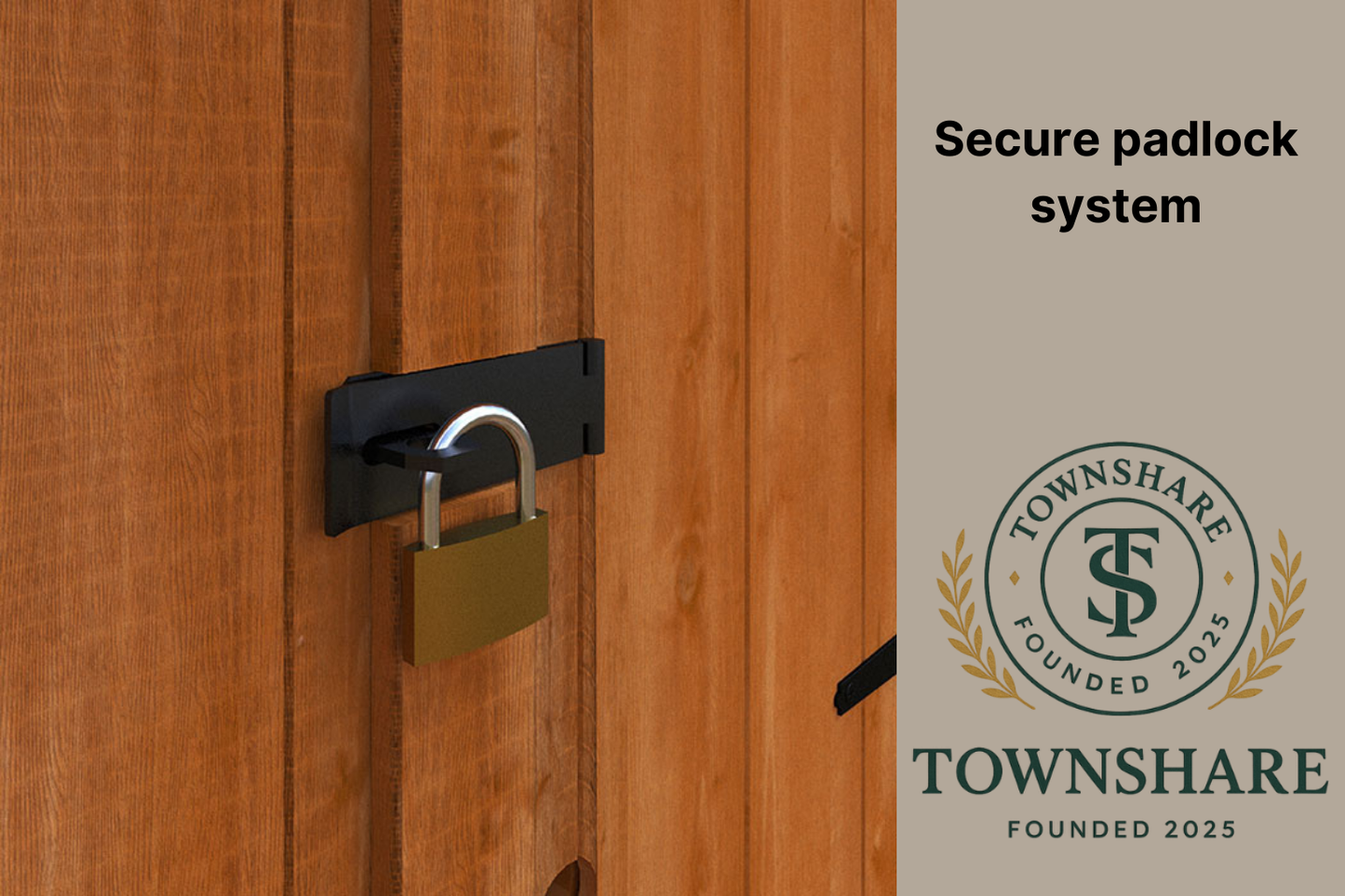 Wooden door with a padlock and Townshare logo