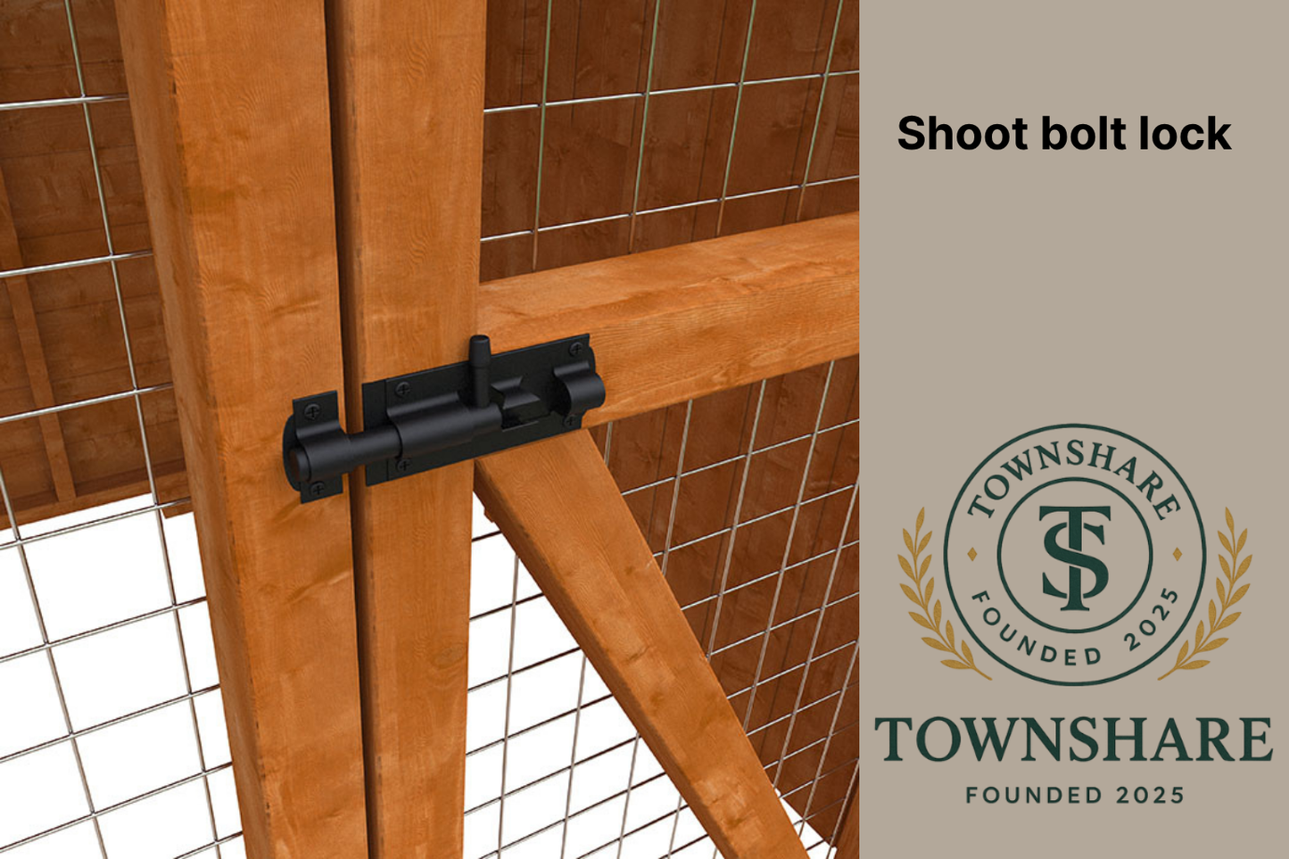 Wooden gate with a black shoot bolt lock and Townshare logo on a beige background.