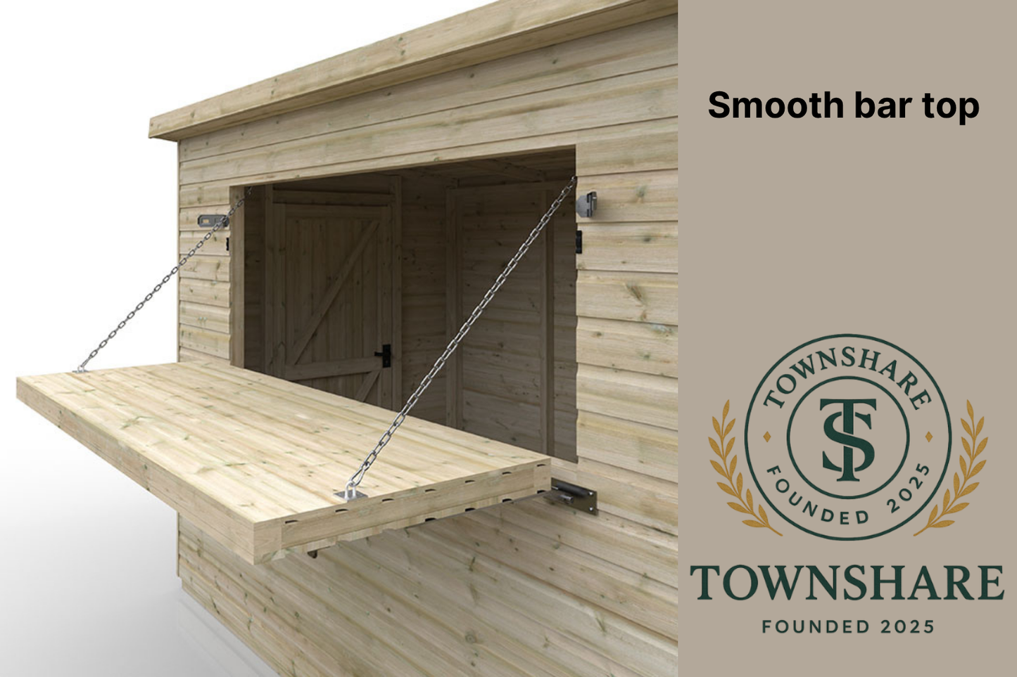 Townshare wooden outdoor structure with smooth bar top and company logo