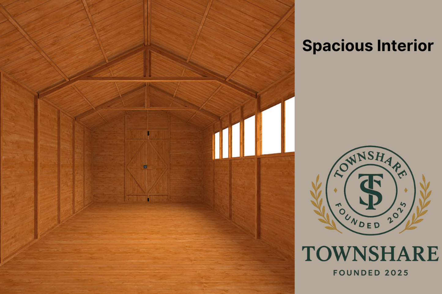 Wooden interior of a building with high ceilings and large windows, featuring Townshare branding.