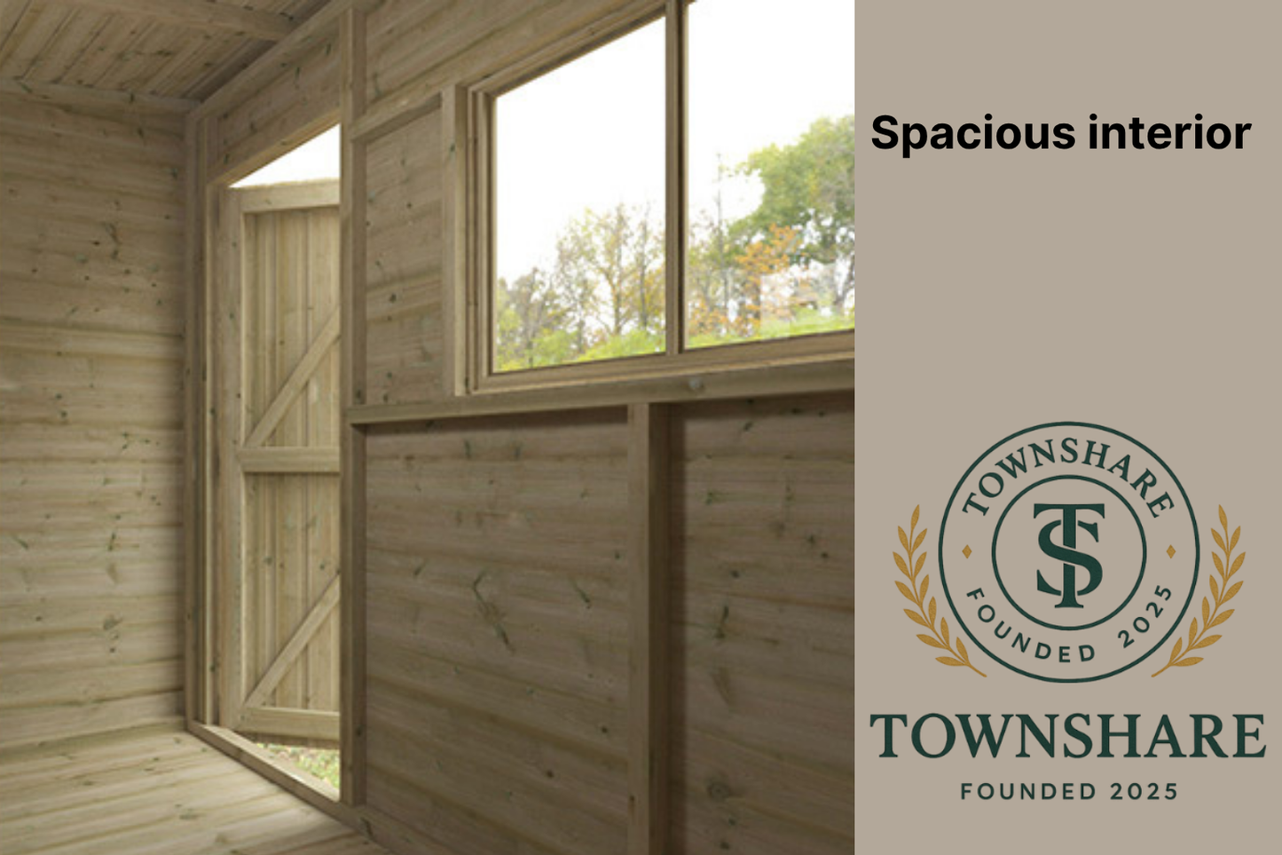 Wooden shed interior with large windows and Townshare branding.