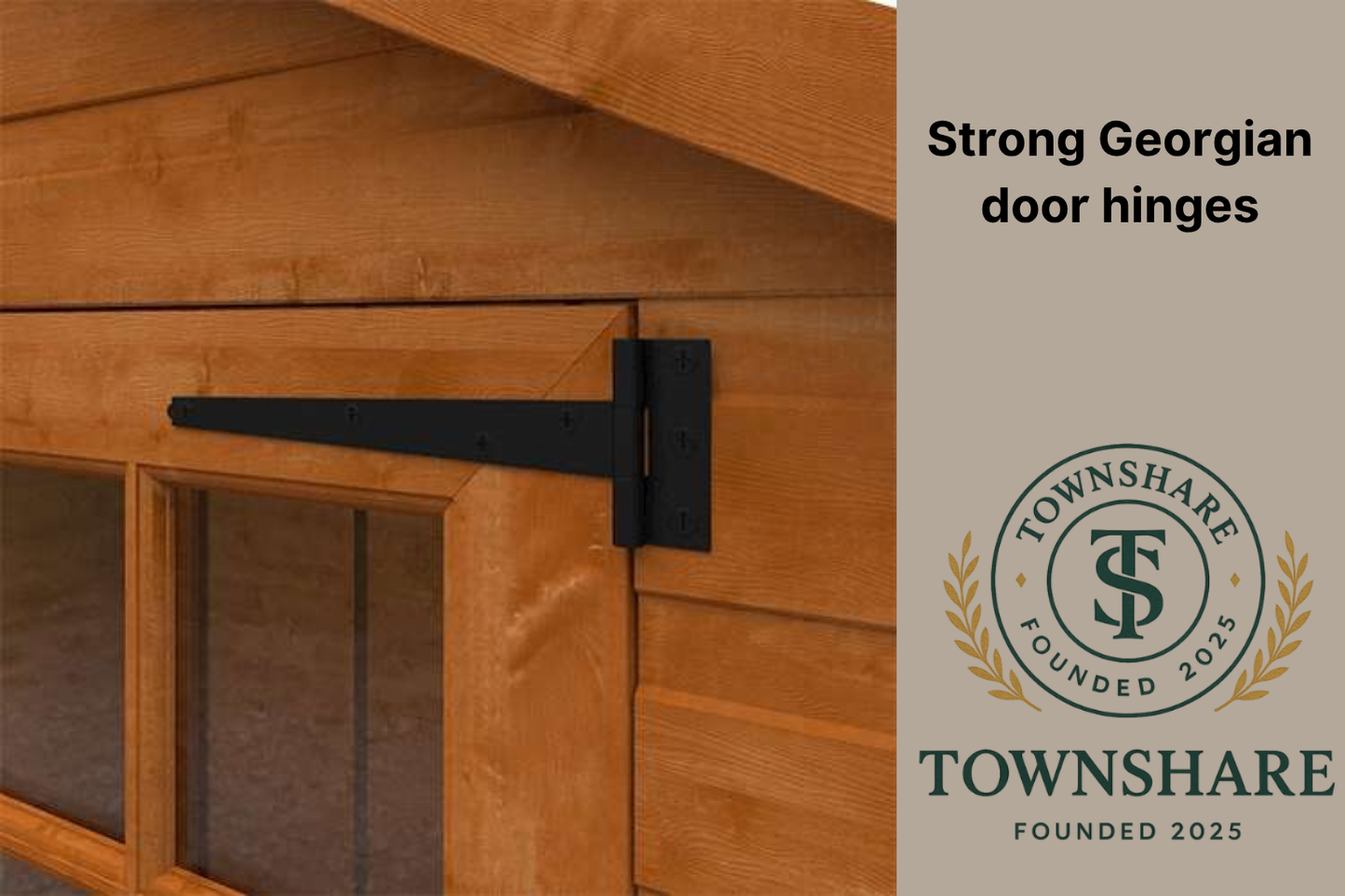 Wooden door with black hinge and Townshare logo on a beige background