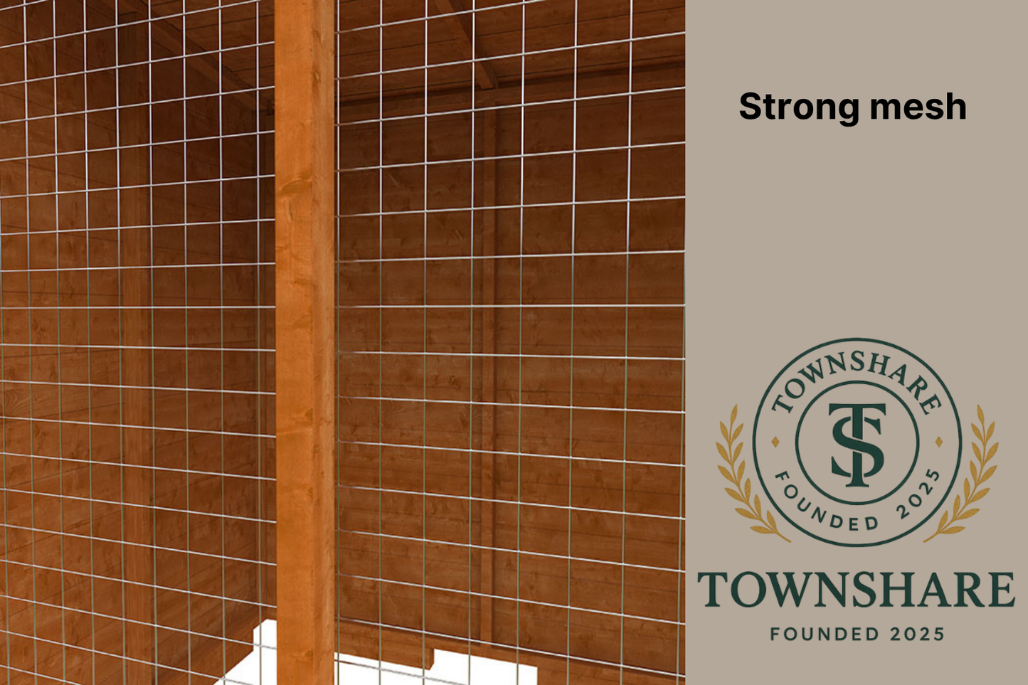 Wooden screen with mesh and Townshare logo on a beige background