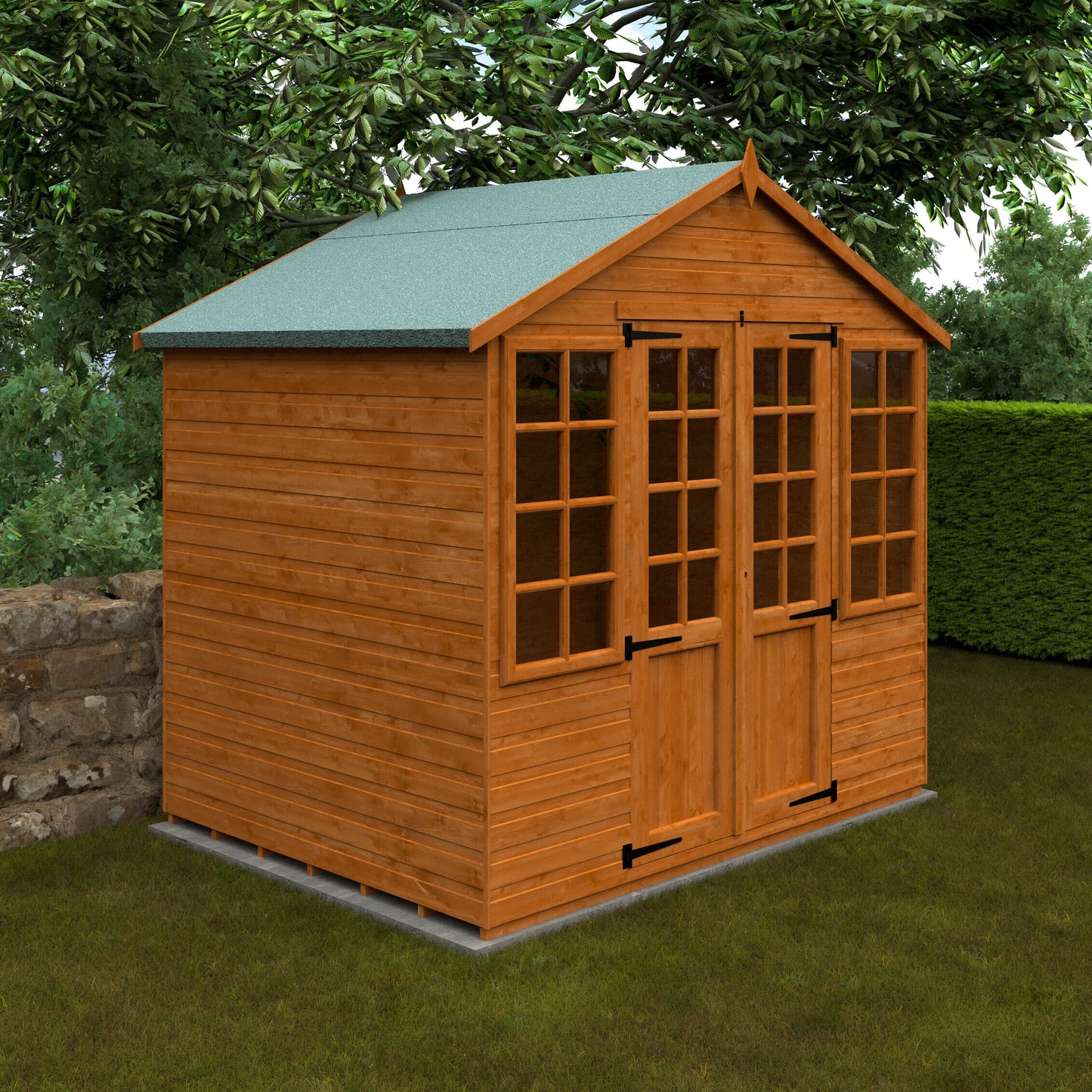 Georgian Garden Room wooden summerhouse with half-glazed double doors, matching windows, and shiplap cladding in garden setting