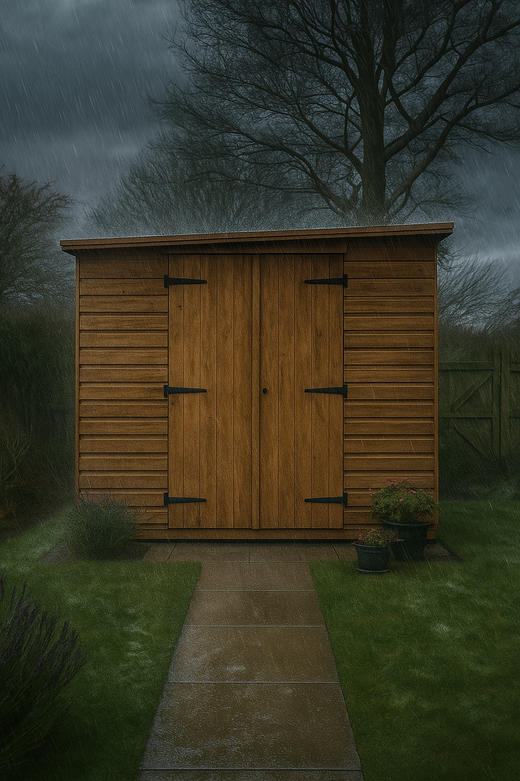 Foundry Studio wooden garden workshop with pent roof, full-pane windows, and double doors on garden path in s dark rain storm