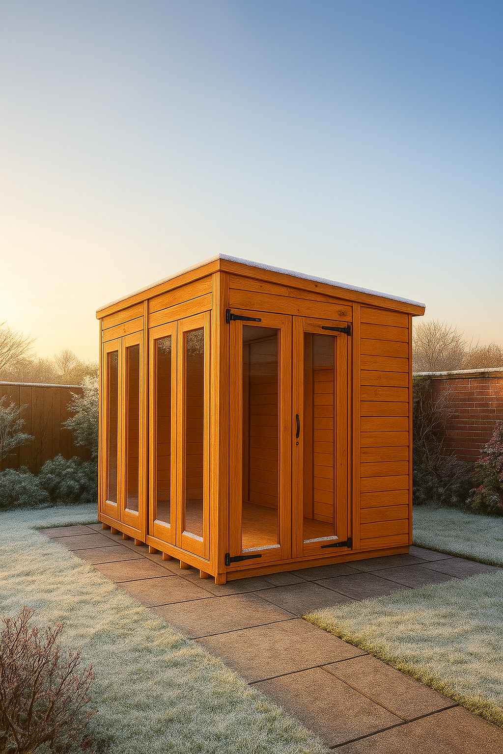 Ashbourne wooden garden summerhouse with double-glazed doors, shiplap tongue-and-groove cladding, and black felt roof in garden in the winter