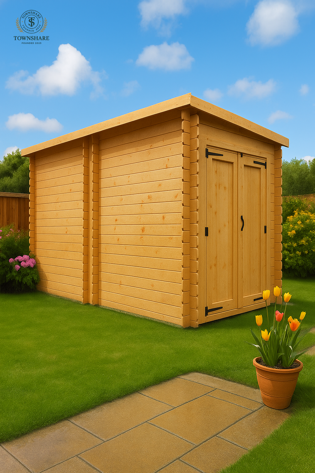 Ashford wooden garden cabin with a pot of tulips on a grassy area under a blue sky.