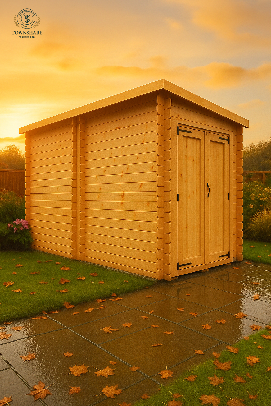 Ashford wooden garden shed with a sunset sky and wet pavement