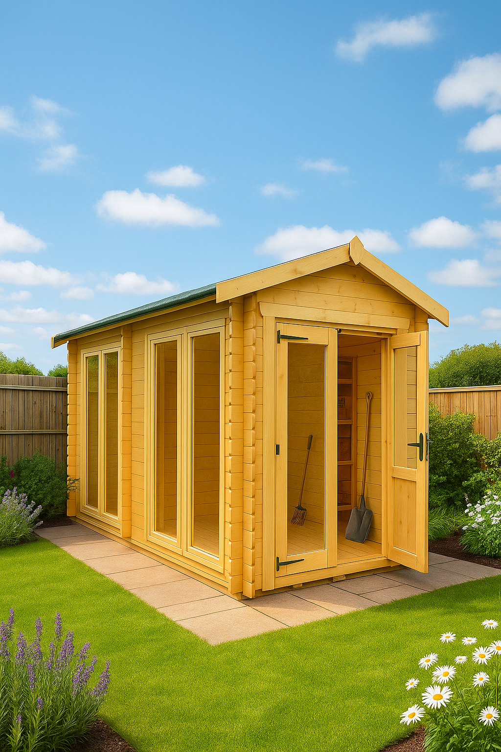 Brixton wooden garden cabin with loglap cladding, open door, full-length glazed windows, and tiled roof on sunny day in garden setting