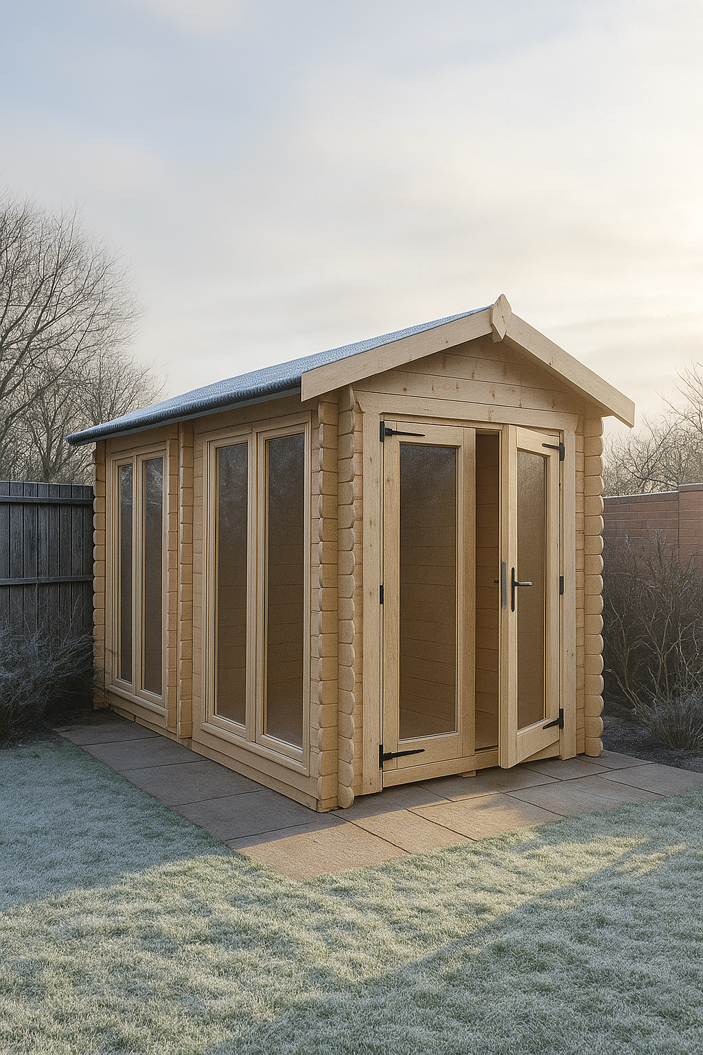 Brixton wooden garden cabin with loglap cladding, full-length glazed windows, and tiled roof in frosty garden setting
