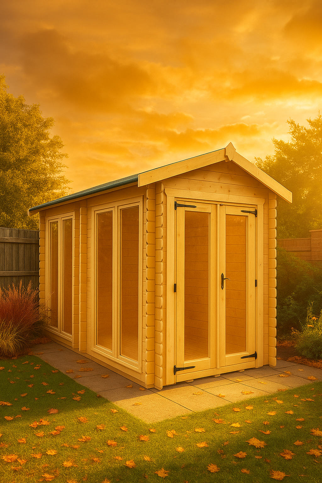 Brixton wooden garden cabin with loglap cladding, full-length glazed windows, and tiled roof with warm glow from sunset sky