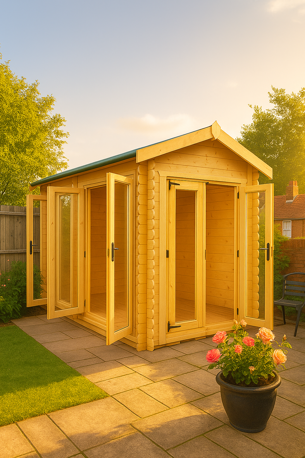 Brixton wooden garden cabin with loglap cladding, full-length glazed windows, tiled roof, and open doors in garden setting
