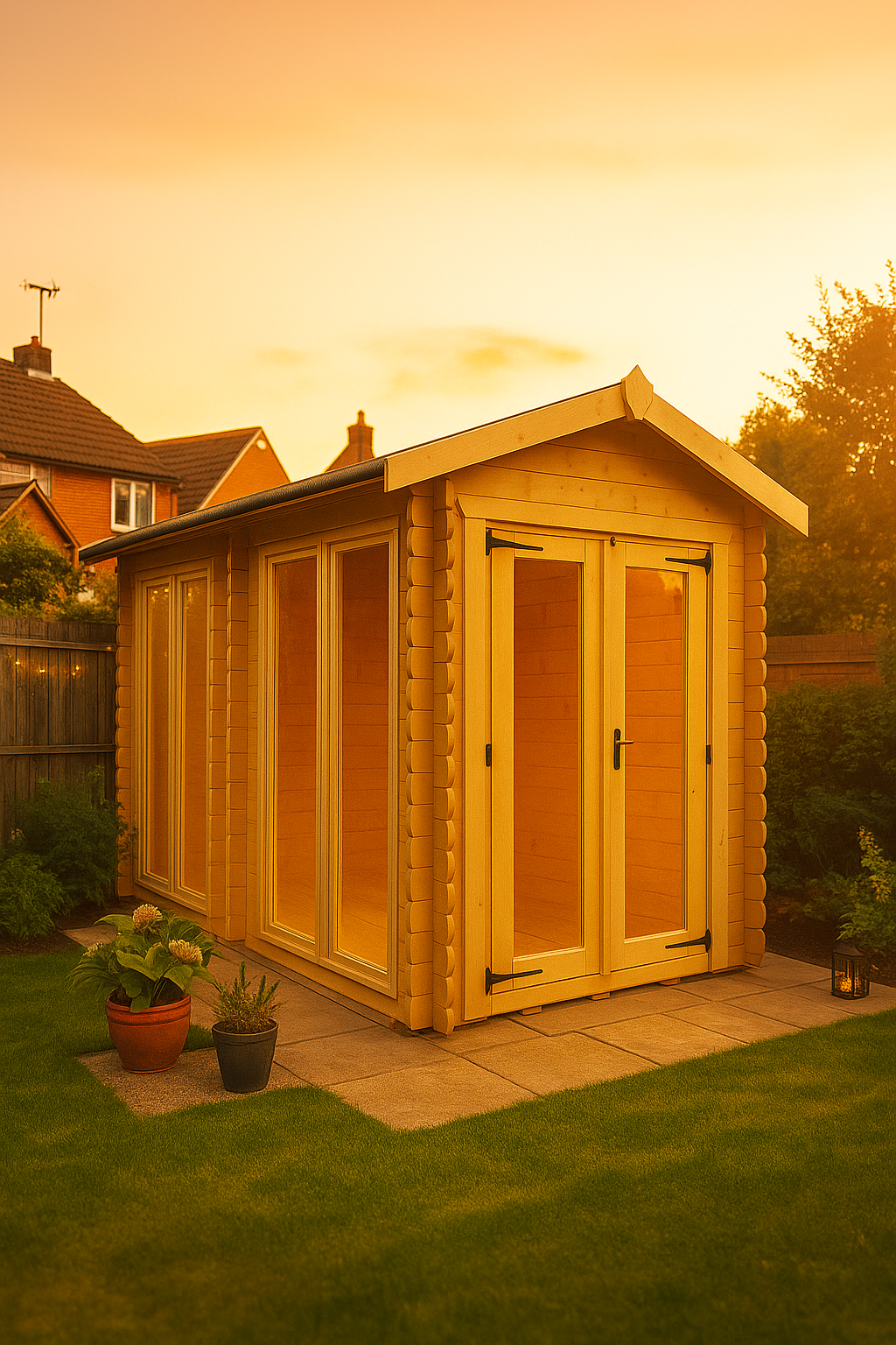 Brixton wooden garden cabin with loglap cladding, full-length glazed windows, and tiled roof with sunset sky in background