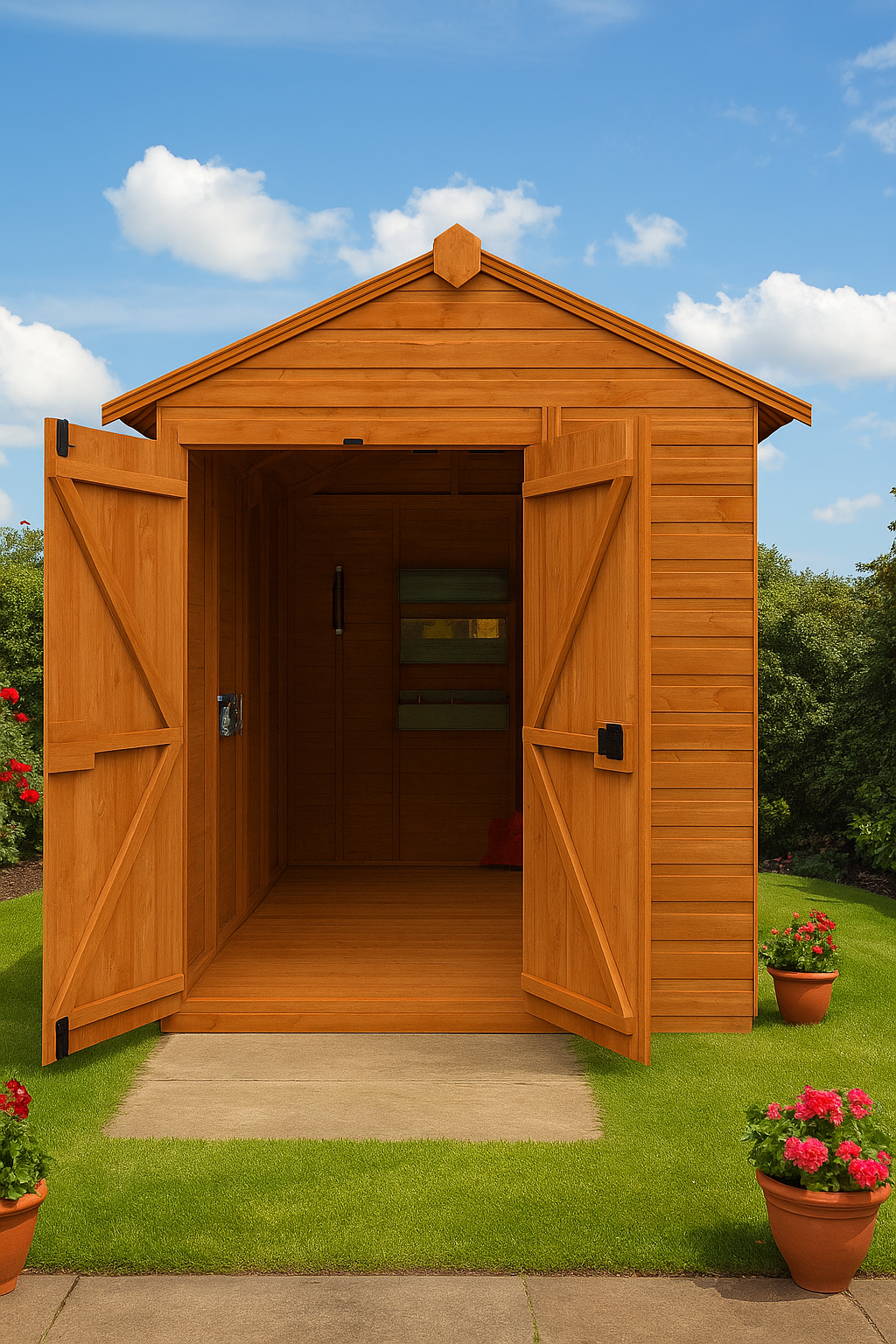 Fairmont wooden garden shed with open double doors, shiplap tongue-and-groove cladding, and black felt roof on a grassy area with potted plants and blue sky