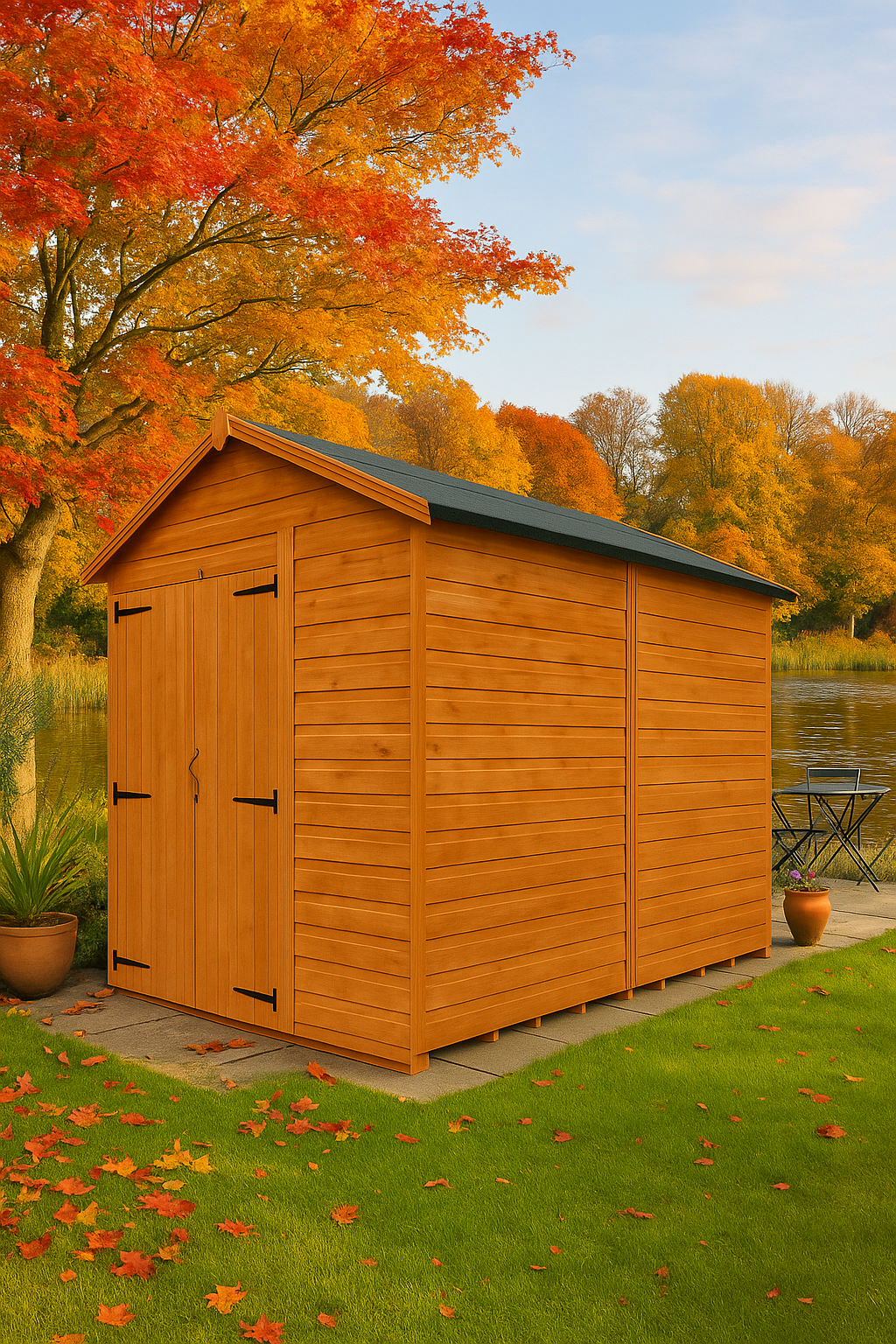 Fairmont wooden garden shed with double doors, shiplap tongue-and-groove cladding, and black felt roof in garden with autumn foliage and lake in background