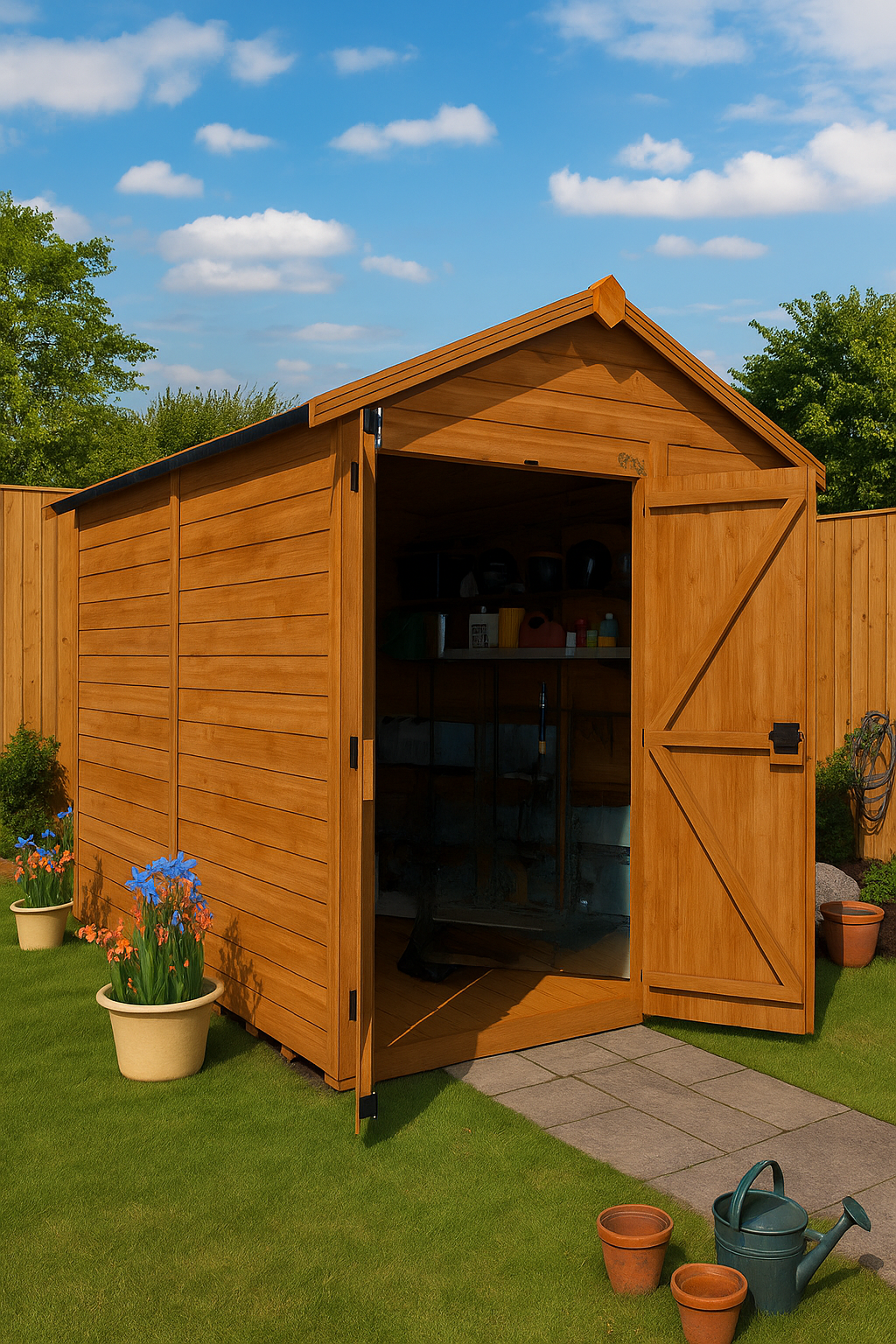 Fairmont wooden garden shed with open door, shiplap tongue-and-groove cladding, and black felt roof on grassy area with potted plants and blue sky