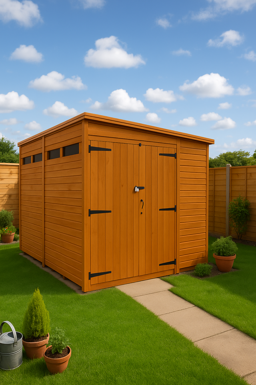 Fortress wooden garden shed with double doors, security slit windows, shiplap tongue-and-groove cladding, and black felt roof in a garden setting