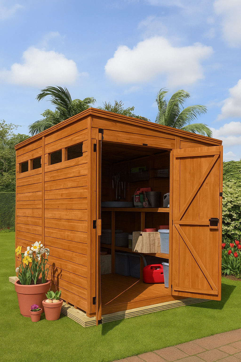 Fortress wooden garden shed with open double doors, security slit windows, shiplap tongue-and-groove cladding, and black felt roof on grassy area with plants and flowers