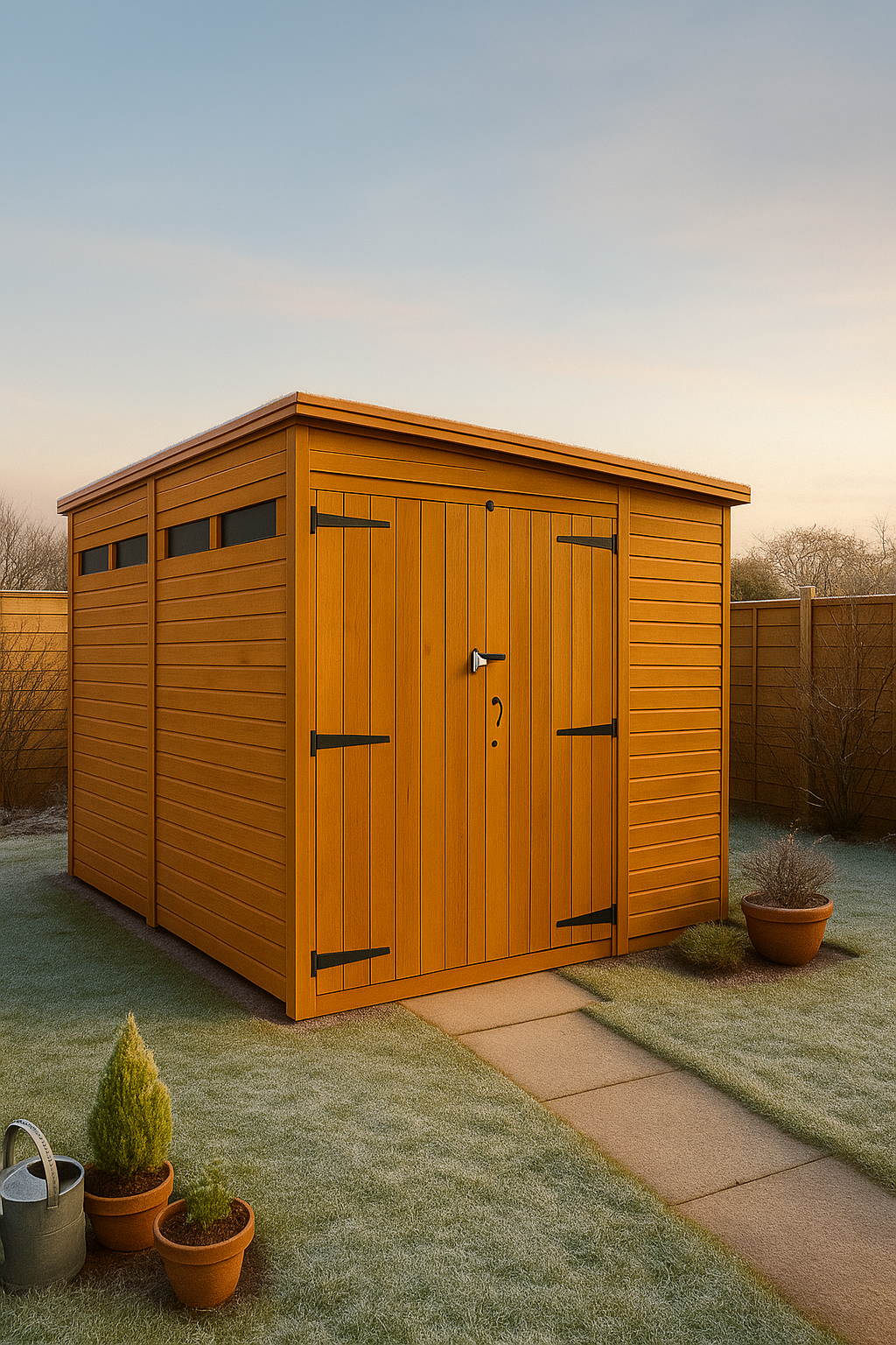 Fortress wooden garden shed with double doors, security slit windows, shiplap tongue-and-groove cladding, and black felt roof in a winter garden setting